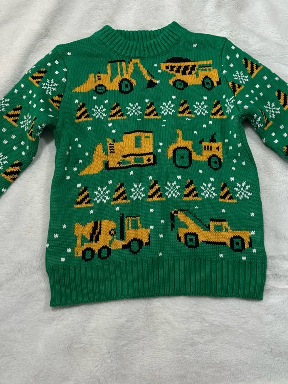 Rocks Green Sweater with Yellow Construction Trucks